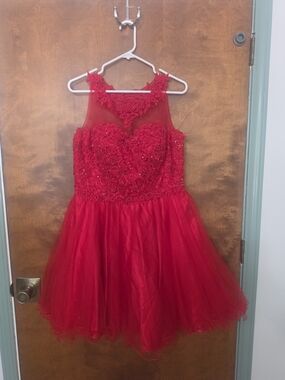May Queen Red Floral Appliqué Tulle Party Dress